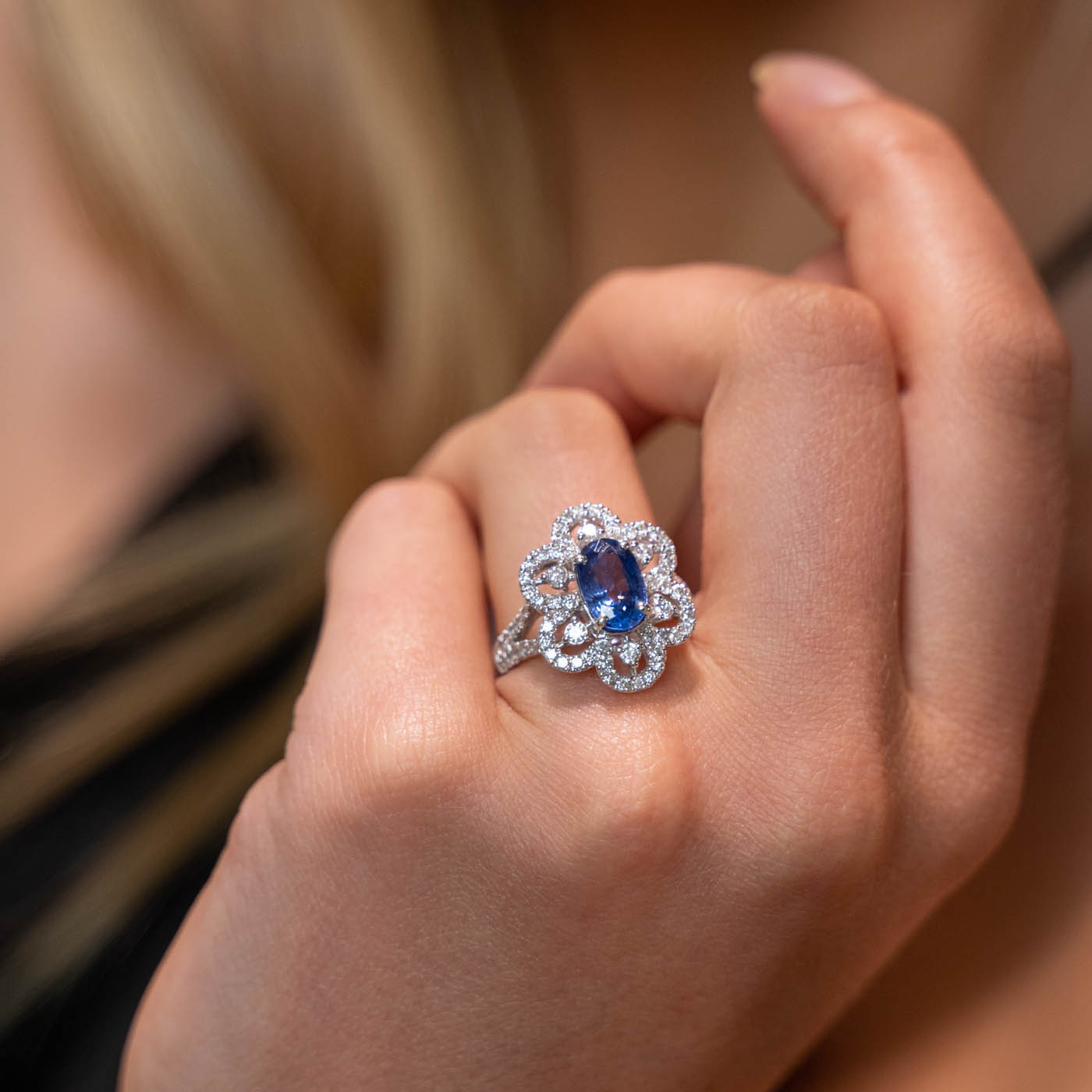 Sapphire with Floral Halo