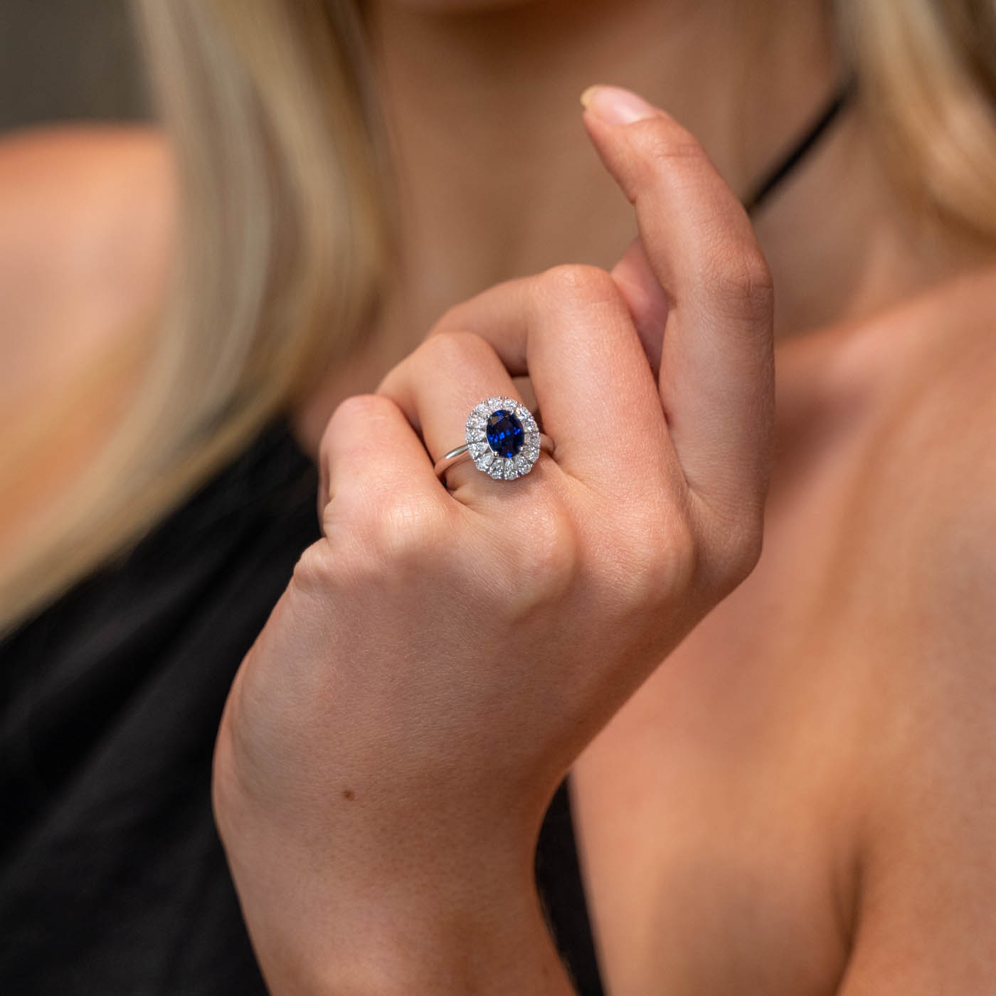 Sapphire engagement ring with halo