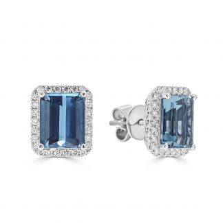 Diamond and Aquamarine Emerald Shape Stud Earrings