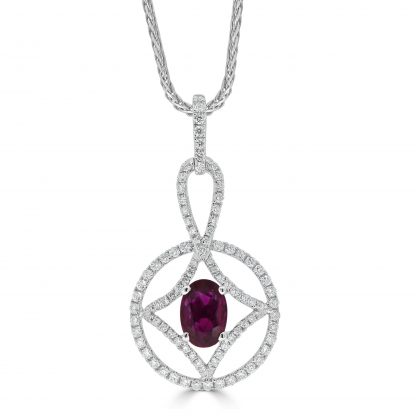 Oval Shape Ruby Spider Web Pendant with a Halo