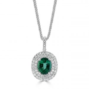 Oval Shape Emerald with Round Diamonds in a Double Halo Pendant