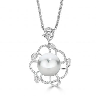 Diamond And South Sea Pearl Drop Pendant and Flower Design