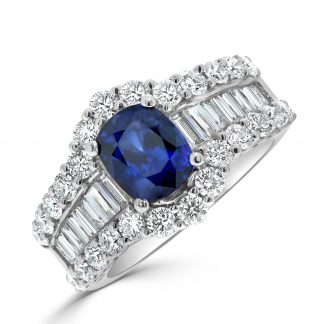 Sapphire and Diamond Cocktail Ring with Round and Baguette Diamonds
