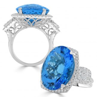 Oval Blue Topaz Diamond Dress Ring with a Halo and Cluster Band
