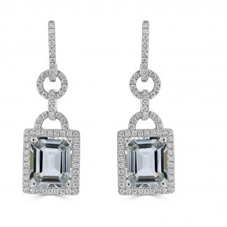 Emerald cut aquamarine with diamond halo drop earrings