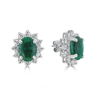 Oval Emerald with Claw-Set Round Diamond Halo Studs