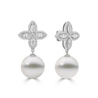 South-sea pearls with marquee diamond drop earrings