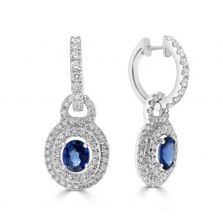 Oval Sapphire with diamond double halo drop earrings