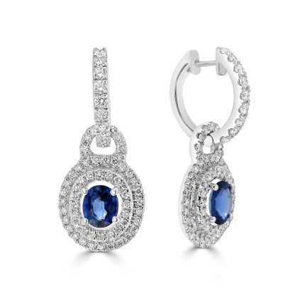 Sapphire with diamond double halo drop earrings