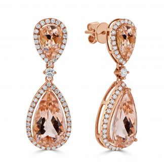 Double pear shaped morganite with round diamond halo drop earrings