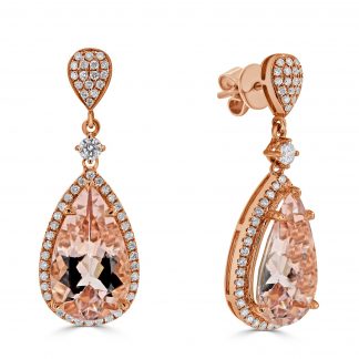 Pear morganite with round diamond halo drop earrings