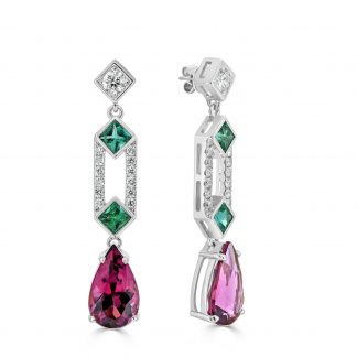 Rubellite, Emerald and diamond drop earrings