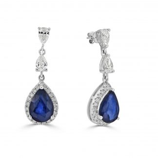 Pear sapphire with round diamond halo drop earrings