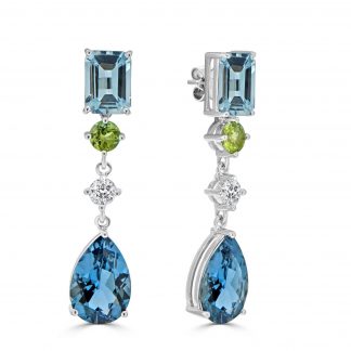 Pear London blue topaz, peridot and aquamarine drop earrings