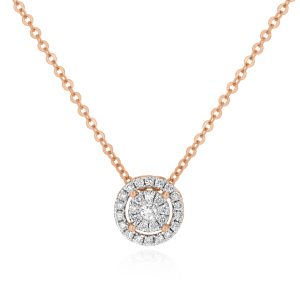 Rose Gold Necklace with Round Double Halo Cluster