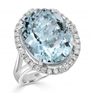 Split band oval aquamarine with round diamond halo ring