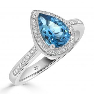 Pear London Blue with round diamond halo ring