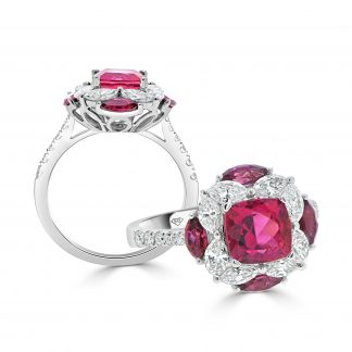 Rubellite cushion and marquise diamond ring