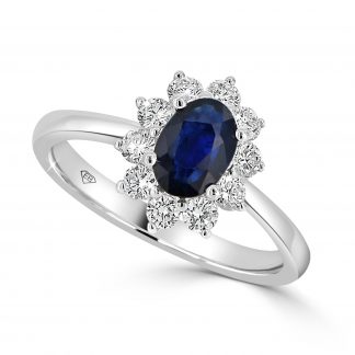Oval Shape Blue Sapphire Single Diamond Halo Ring