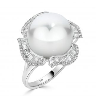 Pearl Ring With Baguette and Round Brilliant Cut Diamond Halo