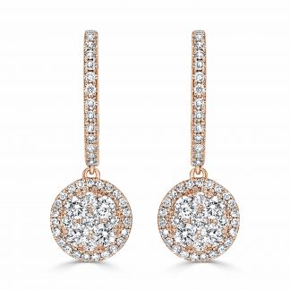Rose Gold Diamond Drop Earrings Circle Cluster