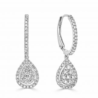18 Kt White Gold Diamond Drop Earrings Pear Cluster