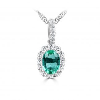 Oval Shape Emerald with Round Diamonds in a Halo Pendant