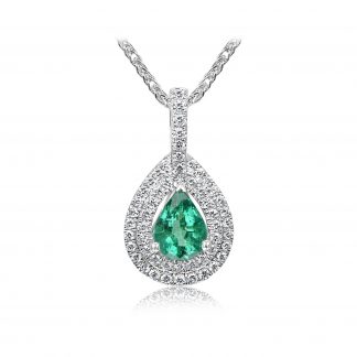 Pear Cut Emerald With Round Diamonds in a Halo Pendant