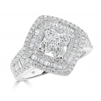 Baguette And Round Diamonds Cushion Shape Cluster Ring
