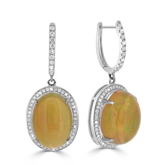 Opal with round diamond halo drop earrings