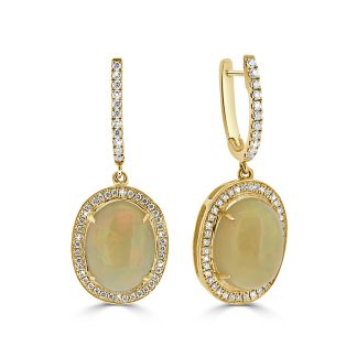 Oval Opal with round diamond halo drop earrings