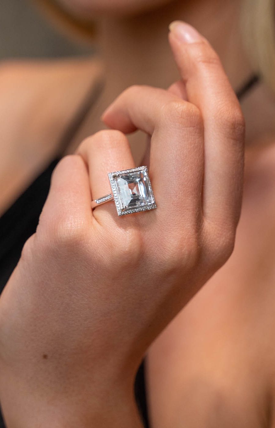 Princess cut Aquamarine and diamond ring