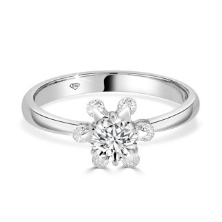 White Gold Ring with Central Round Diamond and Surrounding Accents 0.50 Ct