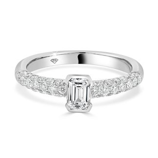 White Gold Ring with Emerald Cut Diamond and Three-Row Pavé Band 0.49 Ct