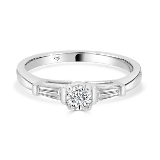 Trilogy Engagement Ring with Round and Baguette Cut Diamonds in 18kt White Gold