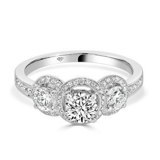 White Gold Trilogy Round Brilliant Cut Diamond Engagement Ring with Halo and Milgrain Finish 0.45 Ct