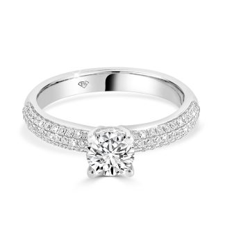 Engagement Ring with Round Brilliant Cut Diamond, Hidden Halo, and Micropavé Band 0.63 Ct