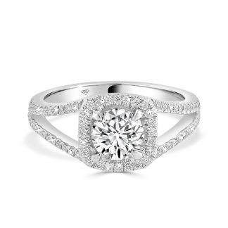 White Gold Engagement Ring with Round Diamond, Cushion Halo, and Split Shoulder 0.75 Ct