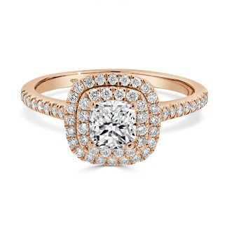 18kt Rose Gold Engagement Ring with Cushion Cut Diamond, Double Halo, and Shoulder Diamonds 0.70 Ct