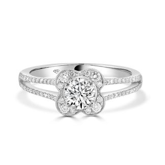 White Gold Clover Halo Engagement Ring with Split Shank 0.50 Ct