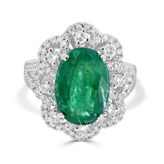 White Gold Emerald and Diamond Halo Ring with Split Bandemerald and diamond ring