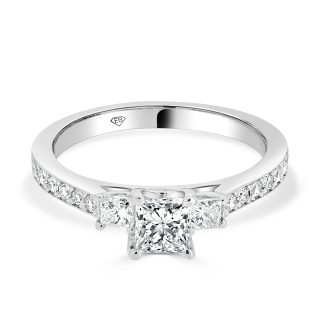 White Gold Princess Cut Diamond Three Stone Ring with Side StonesThree stone engagement ring