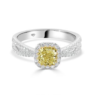 White Gold Yellow Diamond Halo Ring with Split ShankCUSHION CUT YELLOW DIAMOND ENGAGEMENT RING