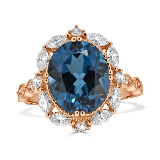 Blue Topaz and Diamond Halo Ring in 18kt Rose Goldtopaz ring