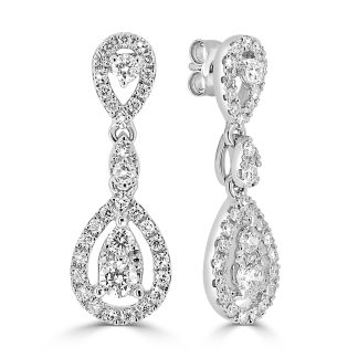 Diamond Drop Earrings set In18kt White Gold with HaloDiamond drop earrings in 18kt white gold with pear-shaped diamonds and a halo.