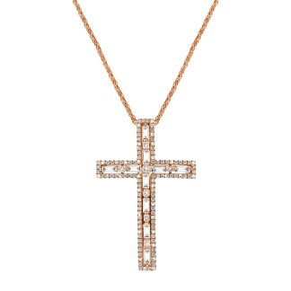 Elegant Diamond Cross Necklace With BaguetteDiamond cross pendant in 18kt gold with 10 baguette, 7 princess, and 106 round diamonds