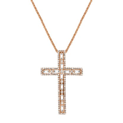 Diamond cross pendant in 18kt gold with 10 baguette, 7 princess, and 106 round diamonds