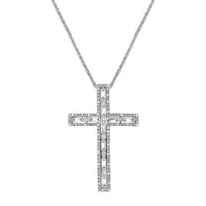 Diamond cross pendant in 18kt gold with 10 baguette, 7 princess, and 106 round diamonds