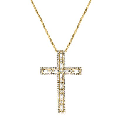 Diamond cross pendant in 18kt gold with 10 baguette, 7 princess, and 106 round diamonds