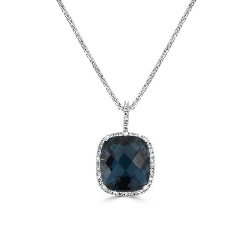 Blue topaz necklace with diamond halo in 18kt white gold